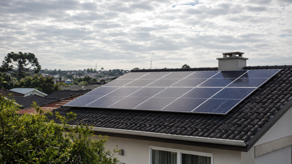 Painéis solares em uma residência no Rio Grande do Sul durante um dia nublado