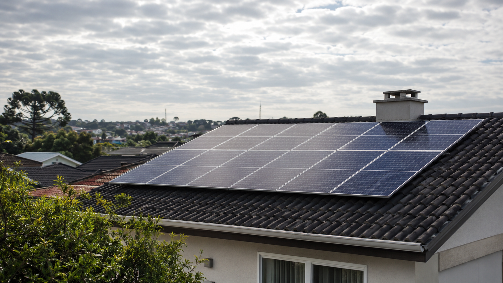 Painéis solares em uma residência no Rio Grande do Sul durante um dia nublado