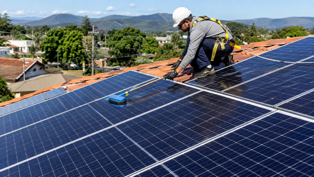 Técnico com equipamentos de segurança realizando a limpeza de painéis solares