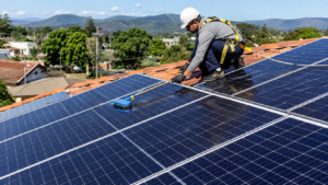 Técnico com equipamentos de segurança realizando a limpeza de painéis solares