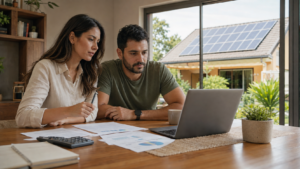 Casal analisando uma proposta de financiamento para instalar energia solar
